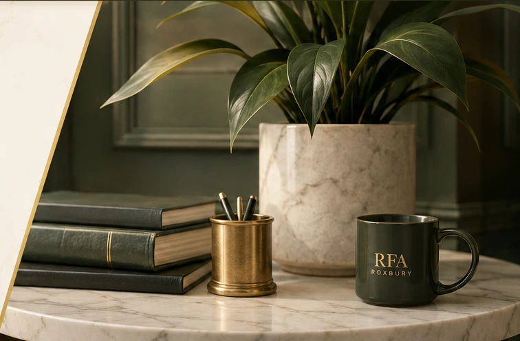 Olive and brass office still life with books, marble, and greenery